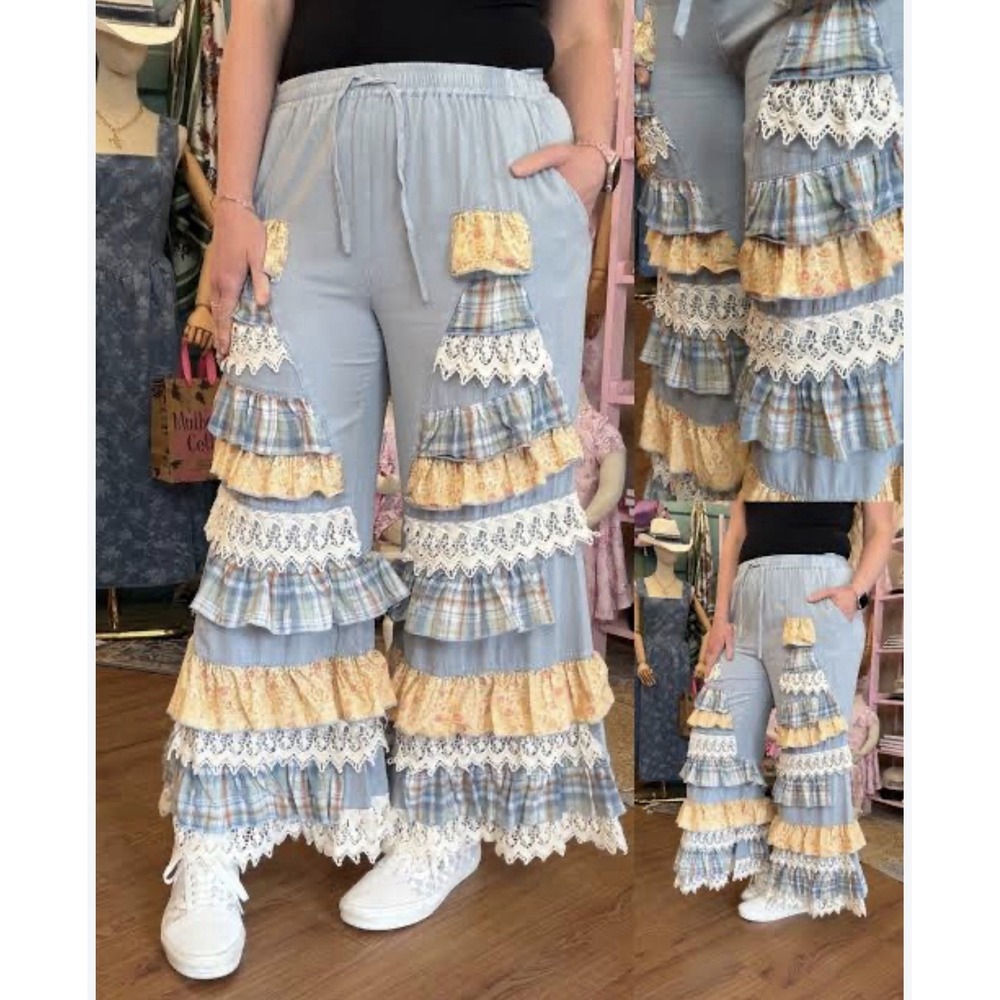 Blue Velvet French Truffle Pants In Light Blue Women's Size XL Boho Patchwork